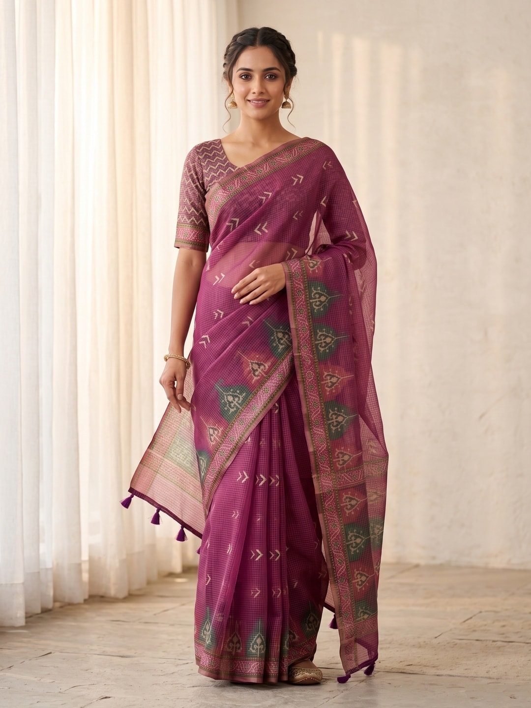 Peachmode Magenta Kota Doria Digital Print Zari Check Cotton Saree With Chevron Motifs - Image 1