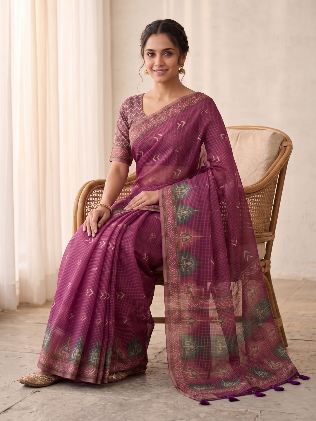 Peachmode Magenta Kota Doria Digital Print Zari Check Cotton Saree With Chevron Motifs - Image 5