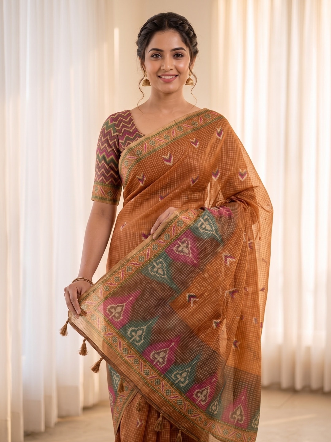 Peachmode Rust Kota Doria Digital Print Zari Check Cotton Saree With Chevron Motifs - Image 3
