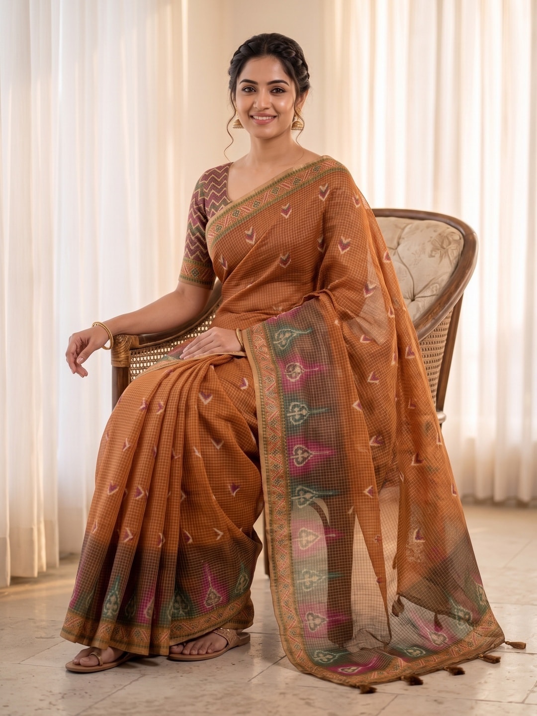 Peachmode Rust Kota Doria Digital Print Zari Check Cotton Saree With Chevron Motifs - Image 5