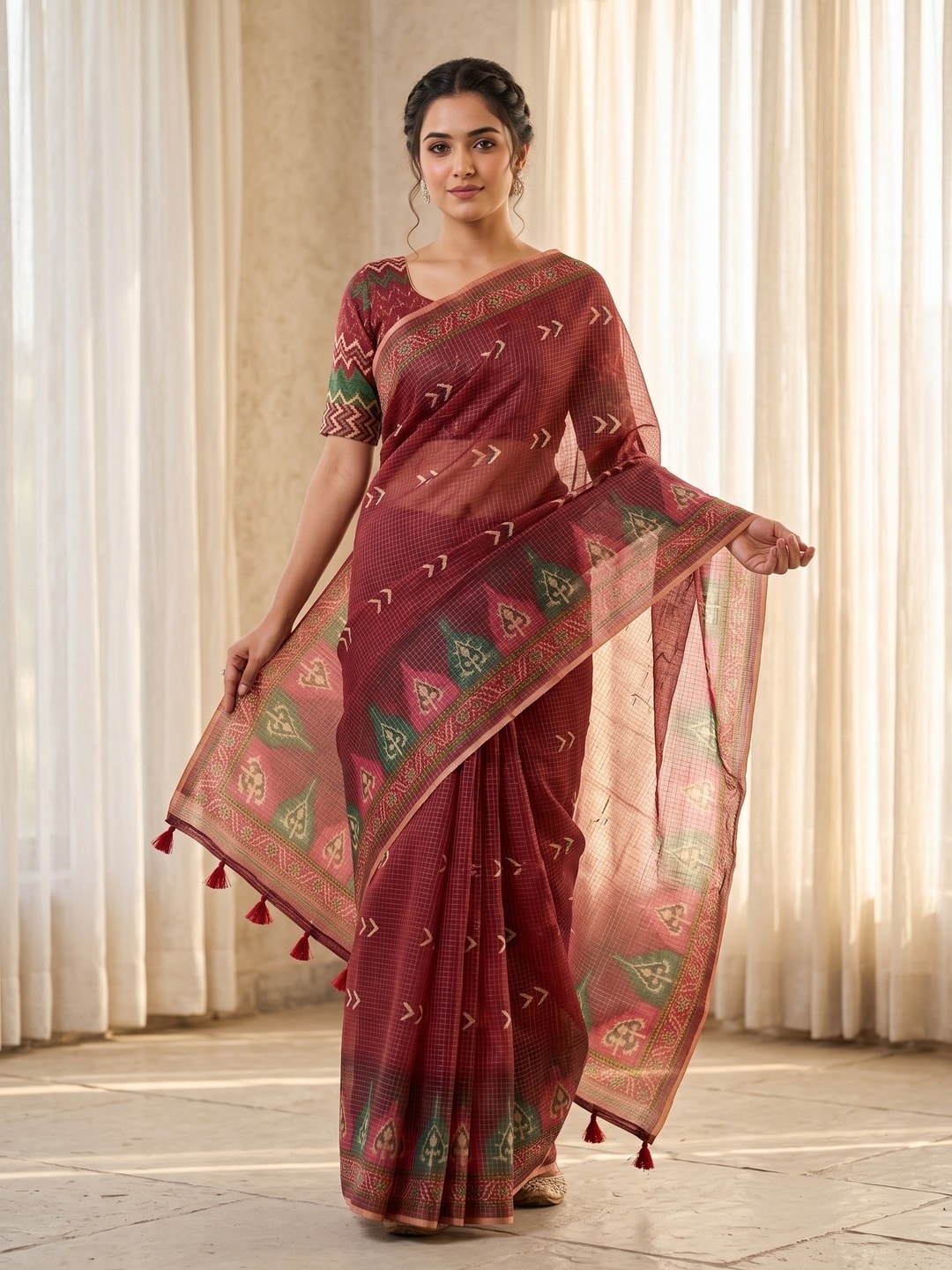 Peachmode Red Kota Doria Digital Print Zari Check Cotton Saree With Chevron Motifs - Image 1