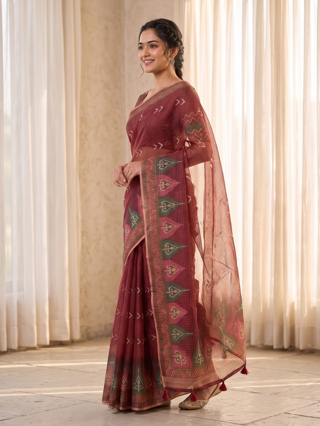 Peachmode Red Kota Doria Digital Print Zari Check Cotton Saree With Chevron Motifs - Image 2