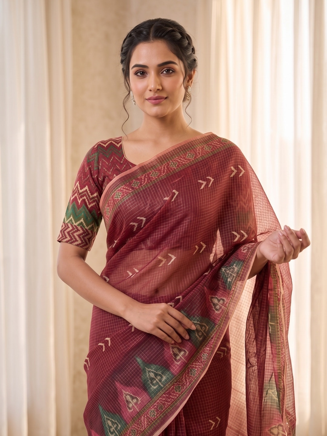 Peachmode Red Kota Doria Digital Print Zari Check Cotton Saree With Chevron Motifs - Image 3