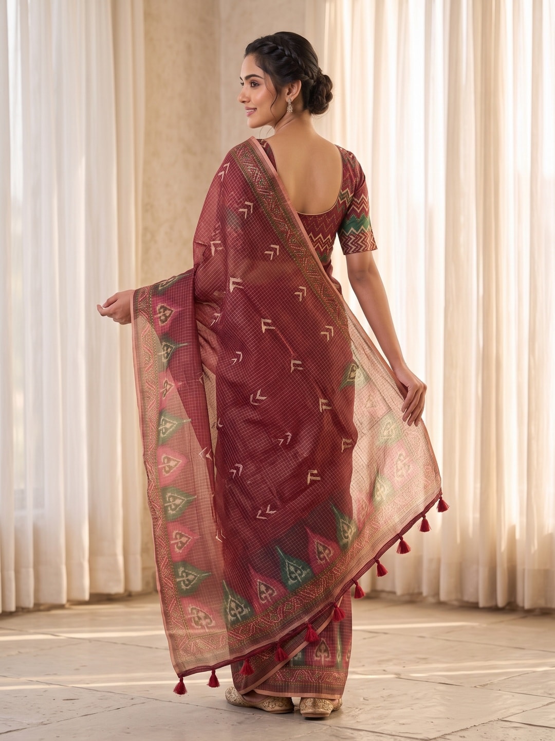 Peachmode Red Kota Doria Digital Print Zari Check Cotton Saree With Chevron Motifs - Image 4