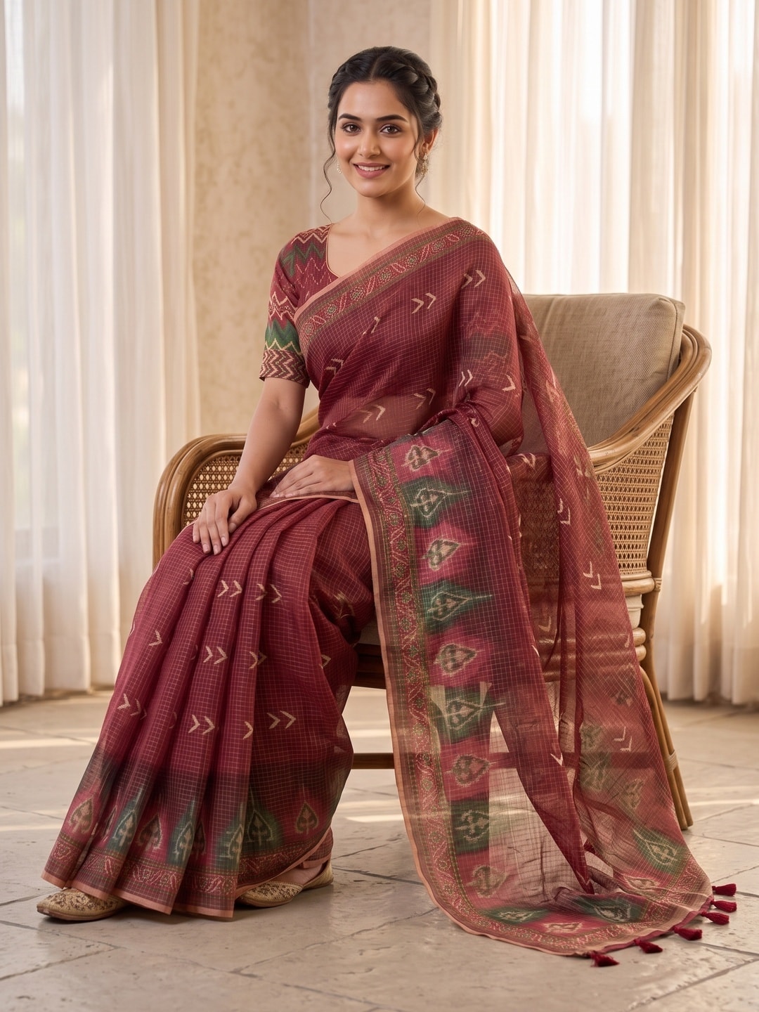 Peachmode Red Kota Doria Digital Print Zari Check Cotton Saree With Chevron Motifs - Image 5