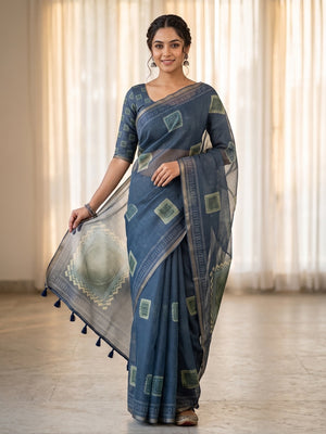 Peachmode Blue Kota Doria Digital Print Zari Check Cotton Saree With Square Motifs - Image 1