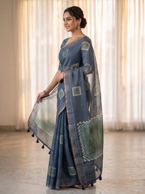 Peachmode Blue Kota Doria Digital Print Zari Check Cotton Saree With Square Motifs - Image 2