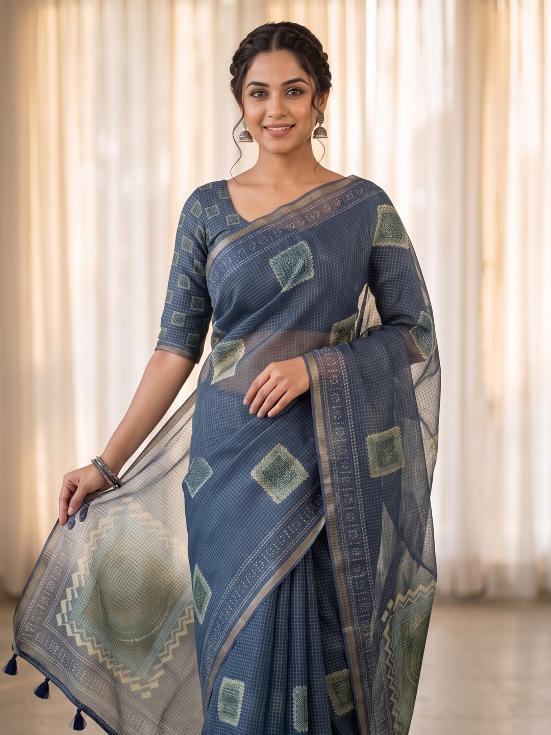 Peachmode Blue Kota Doria Digital Print Zari Check Cotton Saree With Square Motifs - Image 3