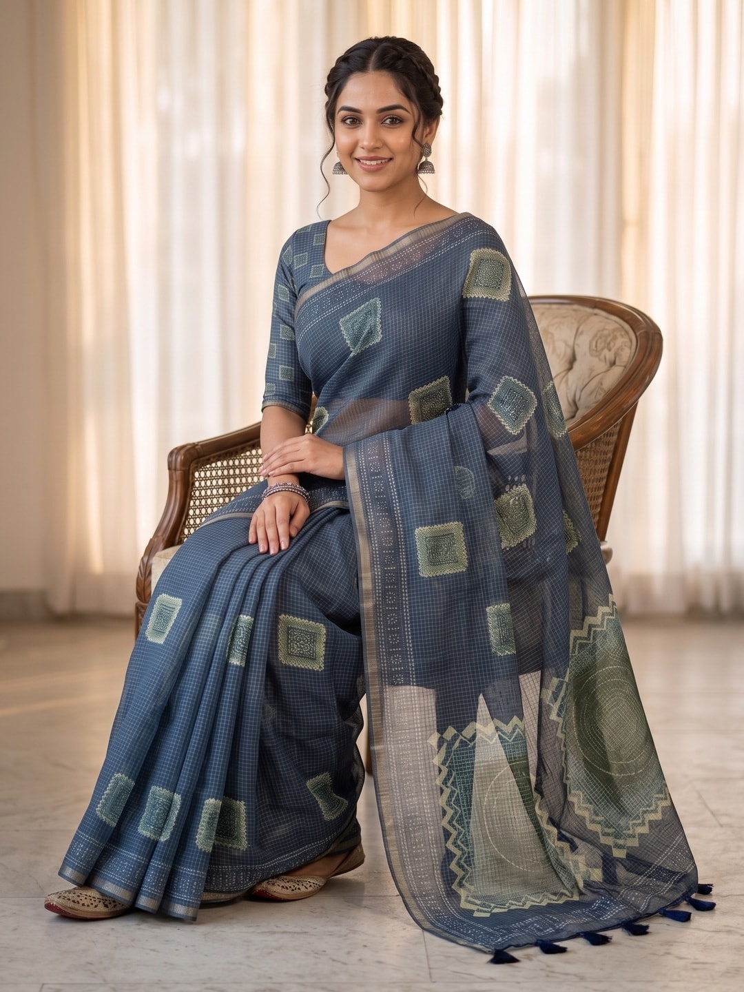 Peachmode Blue Kota Doria Digital Print Zari Check Cotton Saree With Square Motifs - Image 5