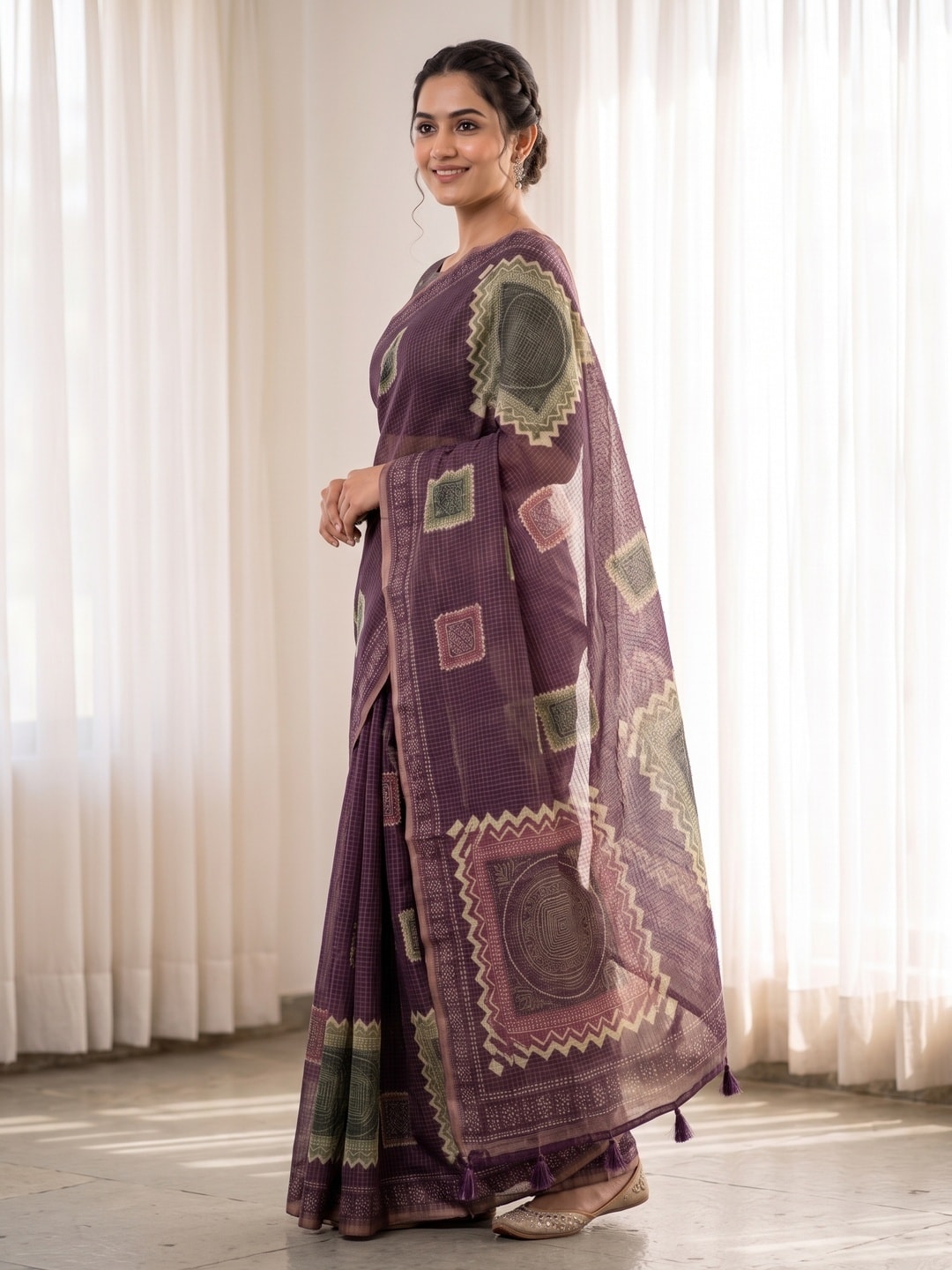 Peachmode Purple Kota Doria Digital Print Zari Check Cotton Saree With Square Motifs - Image 2