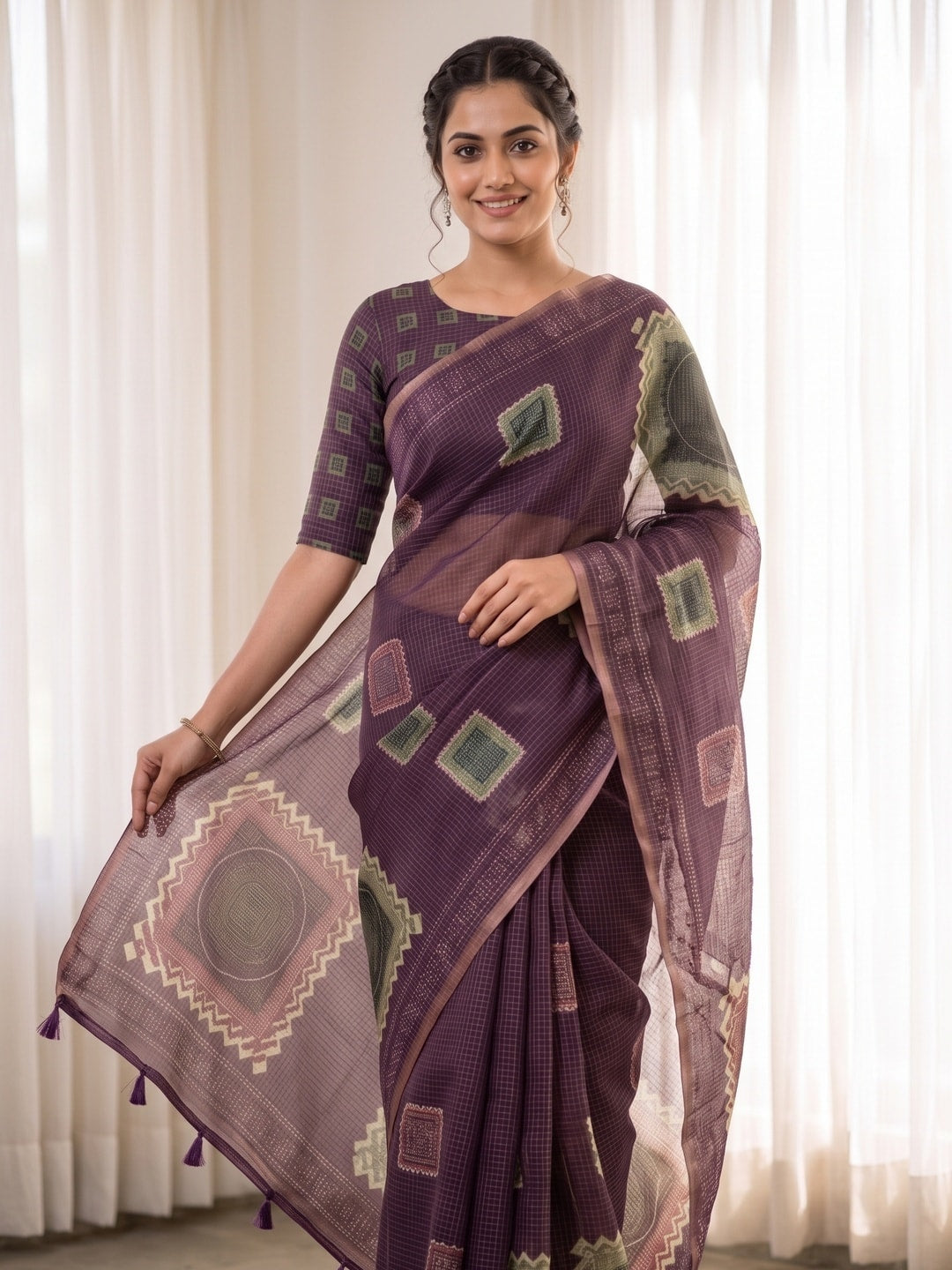 Peachmode Purple Kota Doria Digital Print Zari Check Cotton Saree With Square Motifs - Image 3