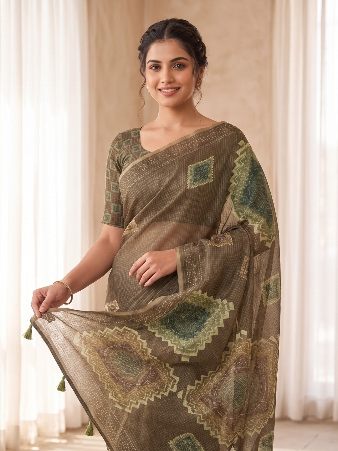Peachmode Taupe Kota Doria Digital Print Zari Check Cotton Saree With Square Motifs - Image 3