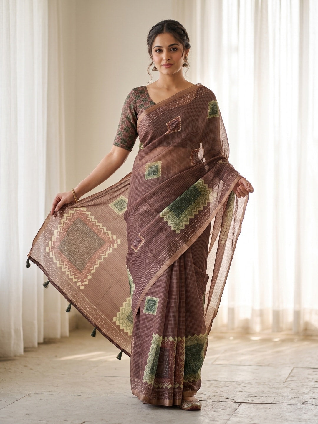 Peachmode Chikoo Kota Doria Digital Print Zari Check Cotton Saree With Square Motifs - Image 1