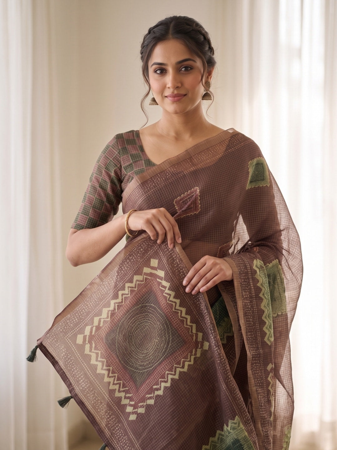 Peachmode Chikoo Kota Doria Digital Print Zari Check Cotton Saree With Square Motifs - Image 3