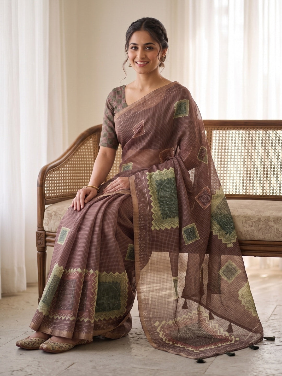 Peachmode Chikoo Kota Doria Digital Print Zari Check Cotton Saree With Square Motifs - Image 5