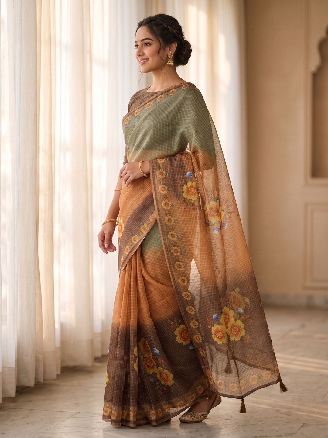 Peachmode Orange Kota Doria Digital Floral Print Zari Check Cotton Saree - Image 2