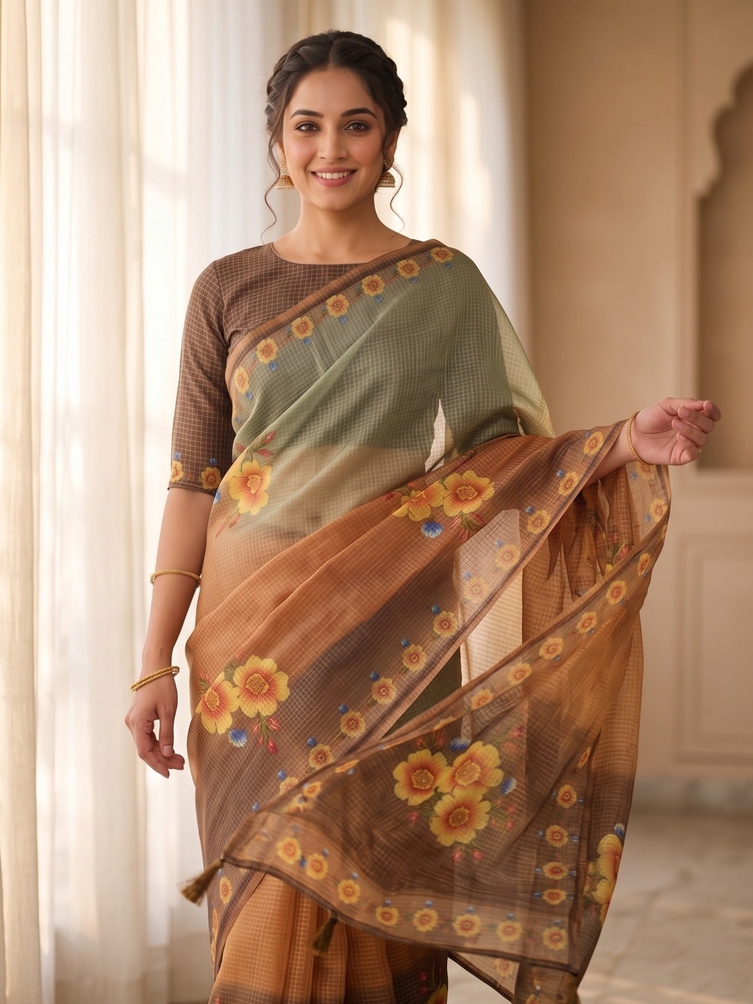 Peachmode Orange Kota Doria Digital Floral Print Zari Check Cotton Saree - Image 3