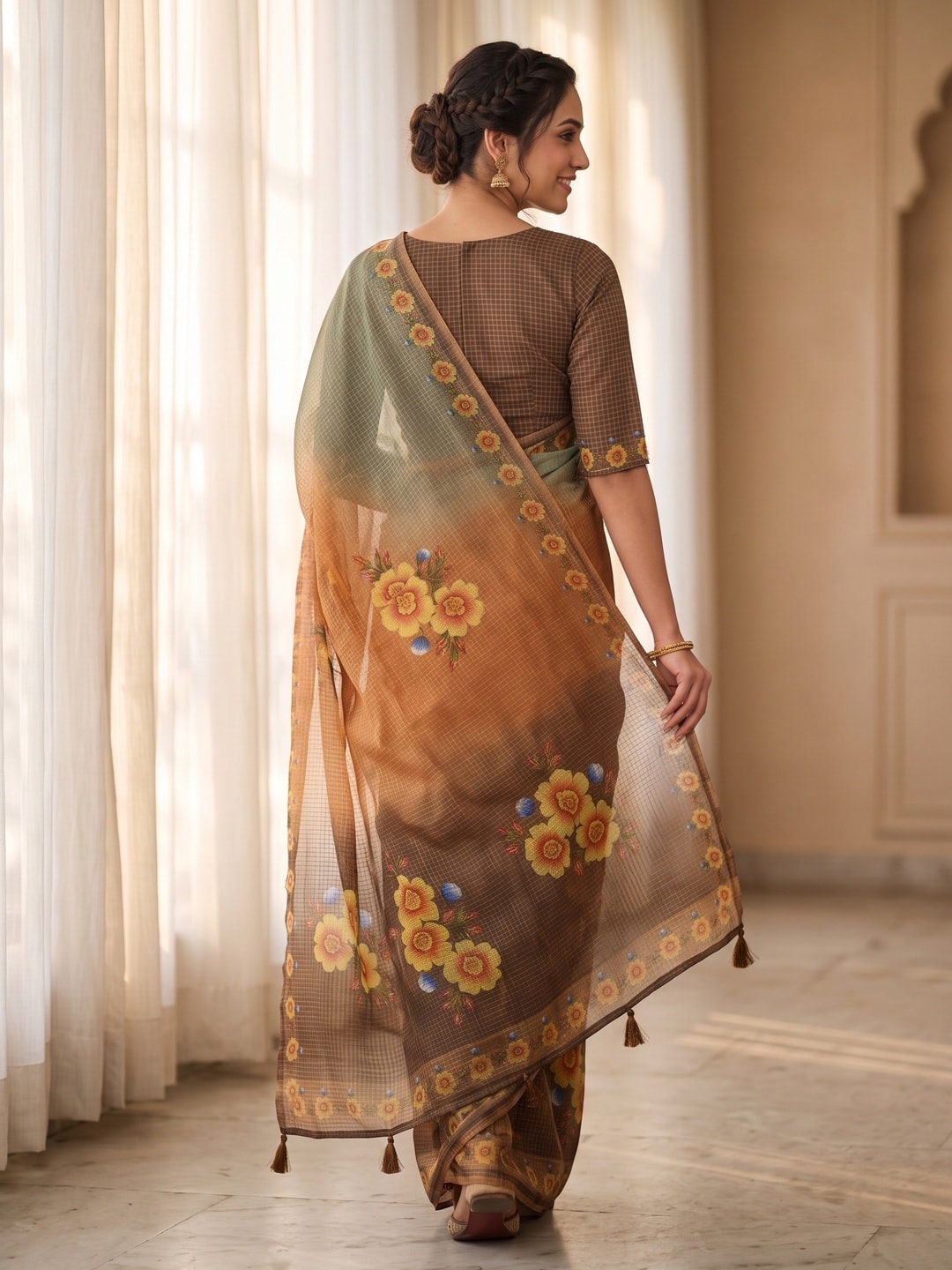 Peachmode Orange Kota Doria Digital Floral Print Zari Check Cotton Saree - Image 4