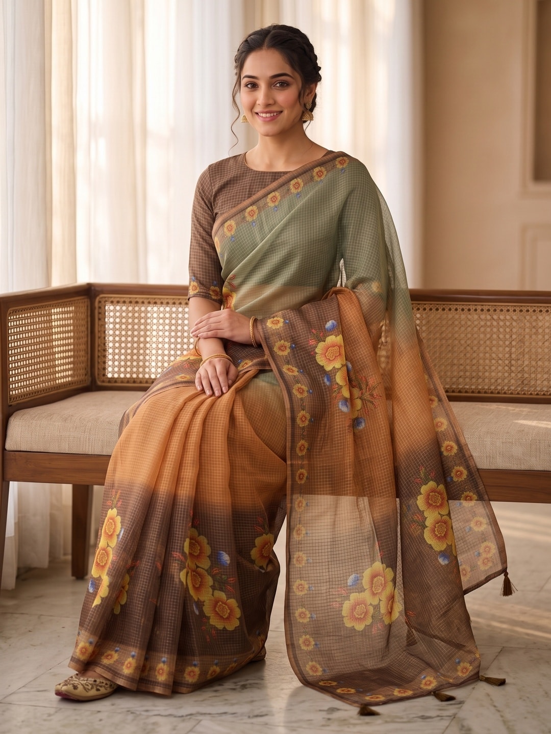 Peachmode Orange Kota Doria Digital Floral Print Zari Check Cotton Saree - Image 5