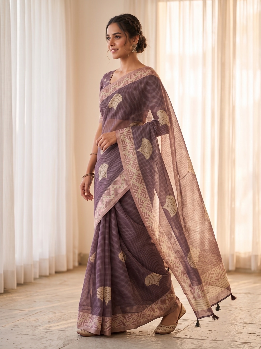 Peachmode Mauve Kota Doria Digital Print Zari Check Cotton Saree With Leaf Motifs - Image 2