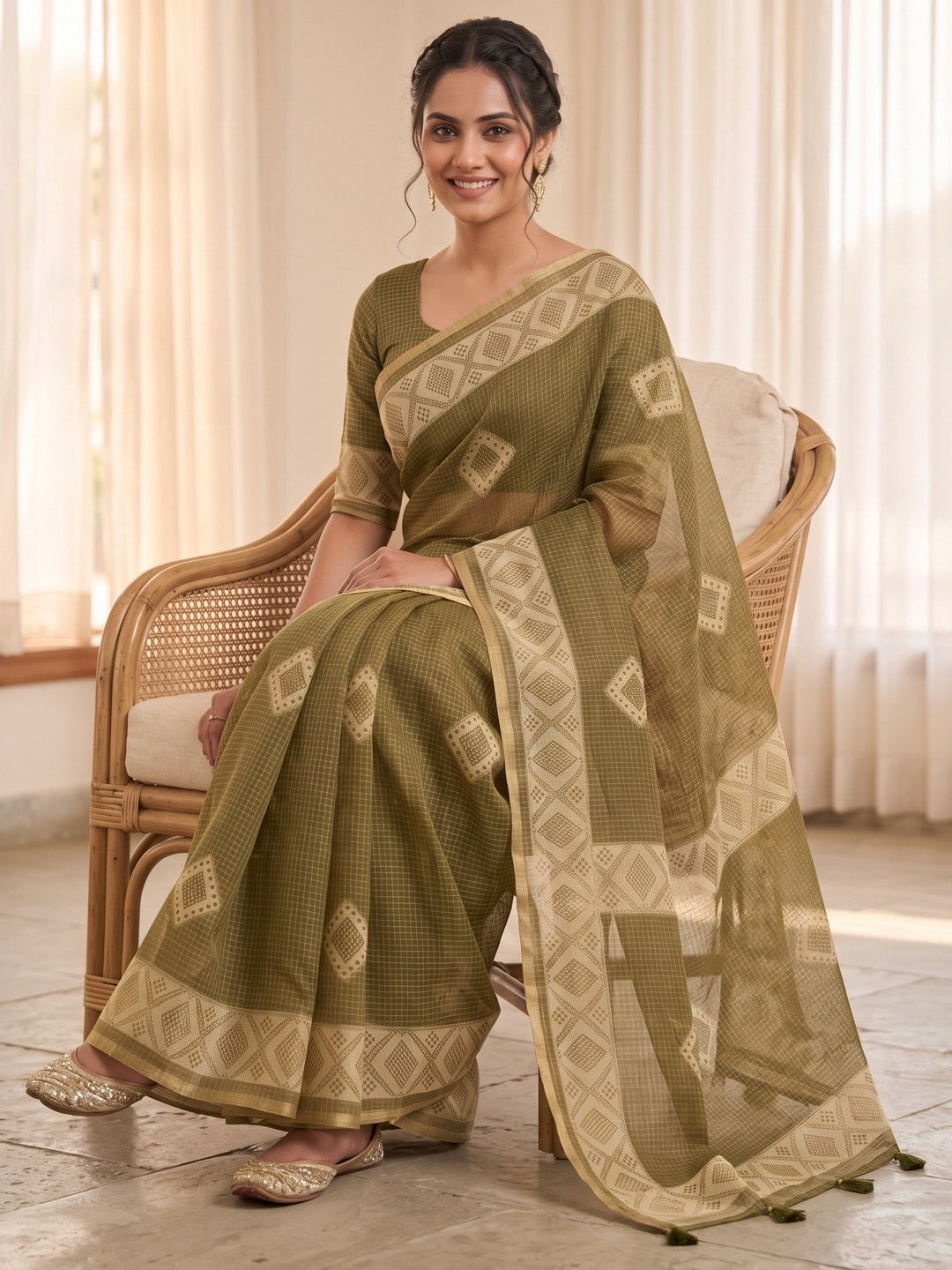 Peachmode Mehndi Kota Doria Digital Print Zari Check Cotton Saree With Diamond Motifs - Image 5