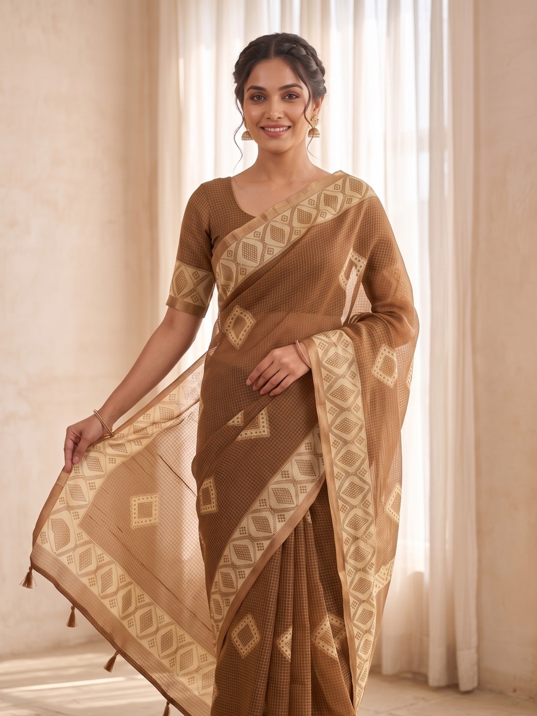 Peachmode Brown Kota Doria Digital Print Zari Check Cotton Saree With Diamond Motifs - Image 3