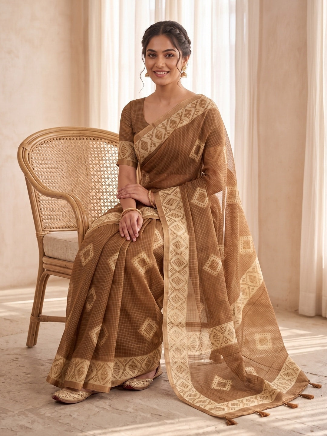 Peachmode Brown Kota Doria Digital Print Zari Check Cotton Saree With Diamond Motifs - Image 5
