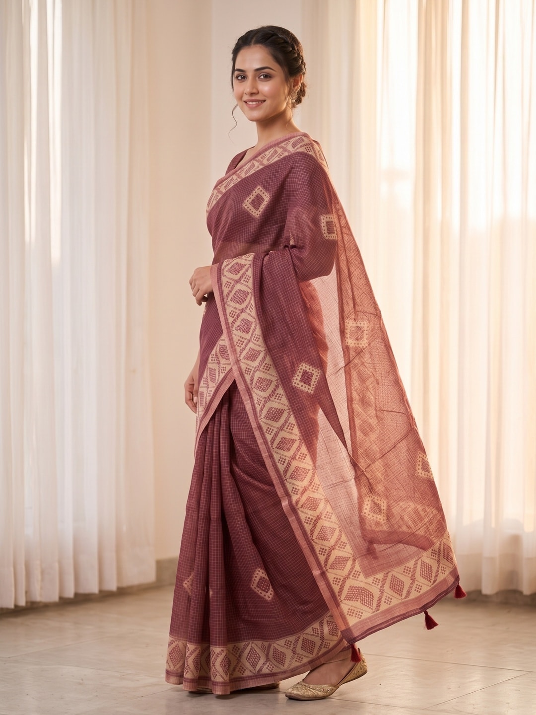 Peachmode Wine Kota Doria Digital Print Zari Check Cotton Saree With Diamond Motifs - Image 2