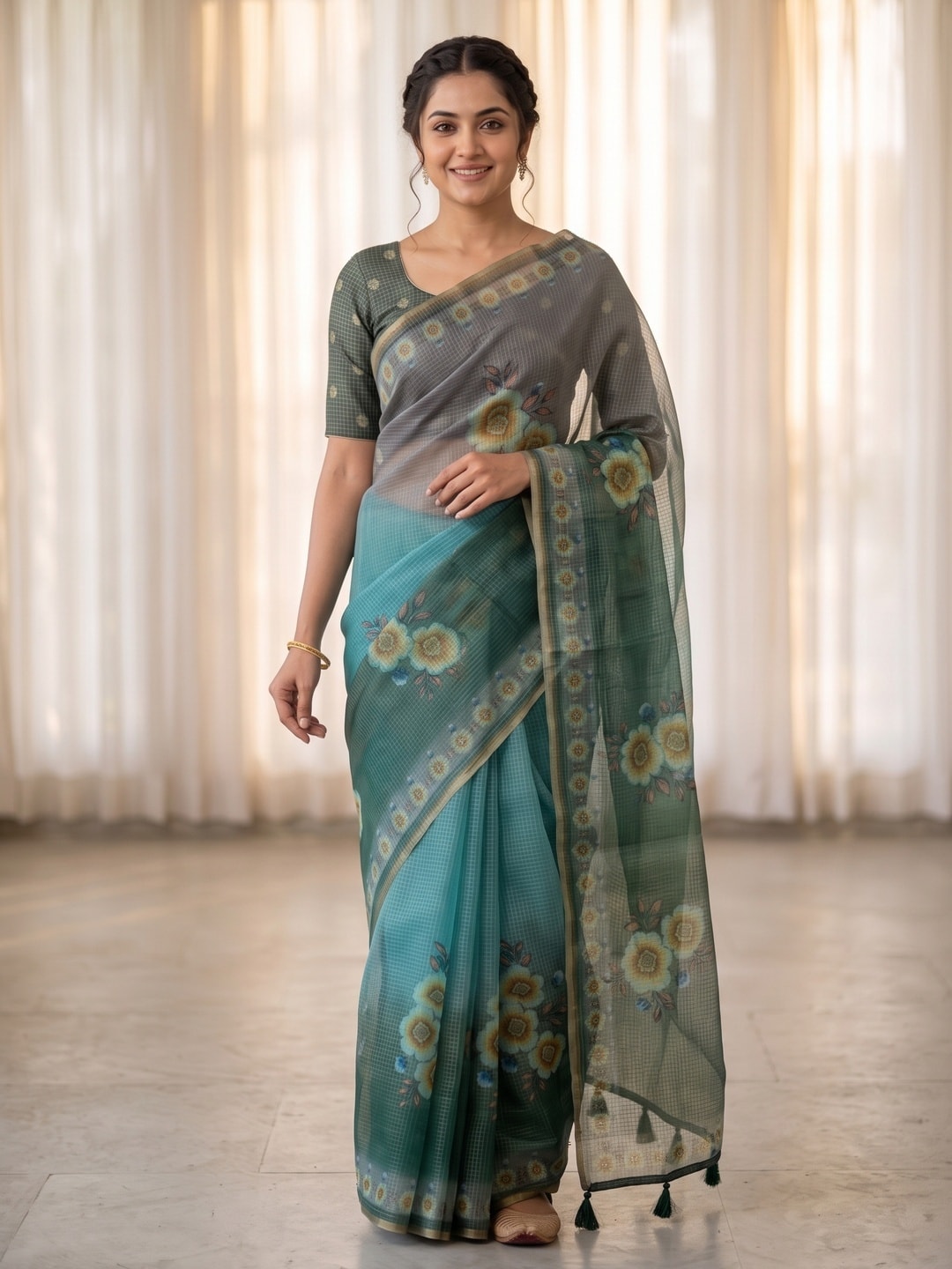 Peachmode Turquoise Kota Doria Digital Floral Print Zari Check Cotton Saree - Image 1