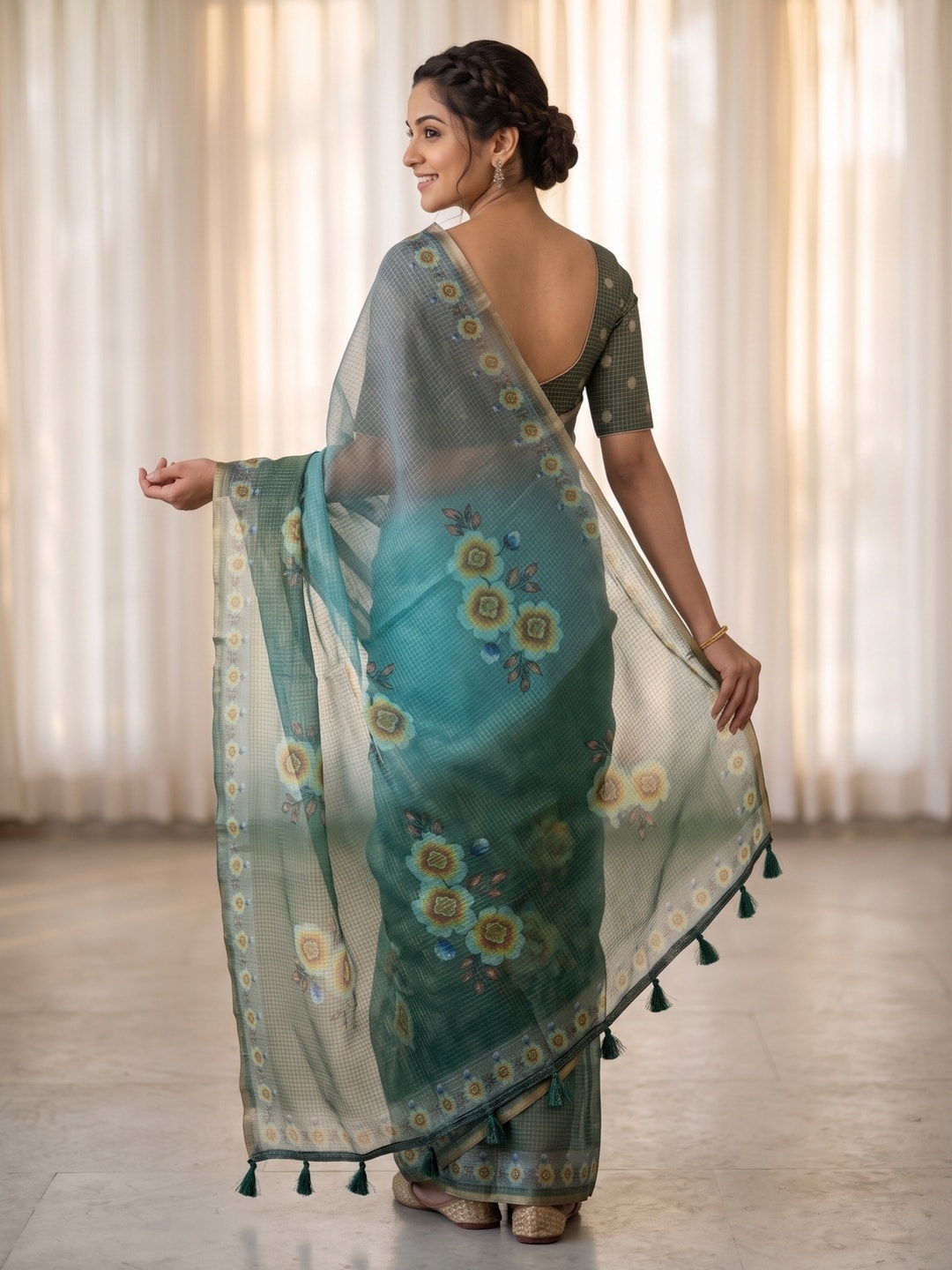 Peachmode Turquoise Kota Doria Digital Floral Print Zari Check Cotton Saree - Image 4