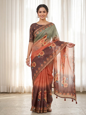 Peachmode Coral Kota Doria Digital Floral Print Zari Check Cotton Saree - Image 1