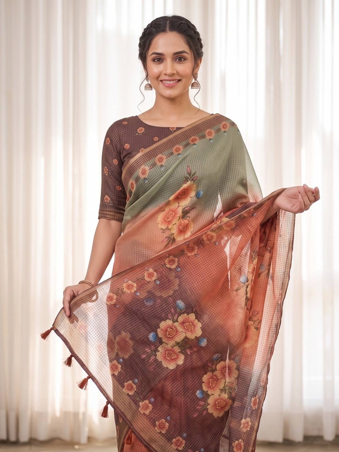 Peachmode Coral Kota Doria Digital Floral Print Zari Check Cotton Saree - Image 3