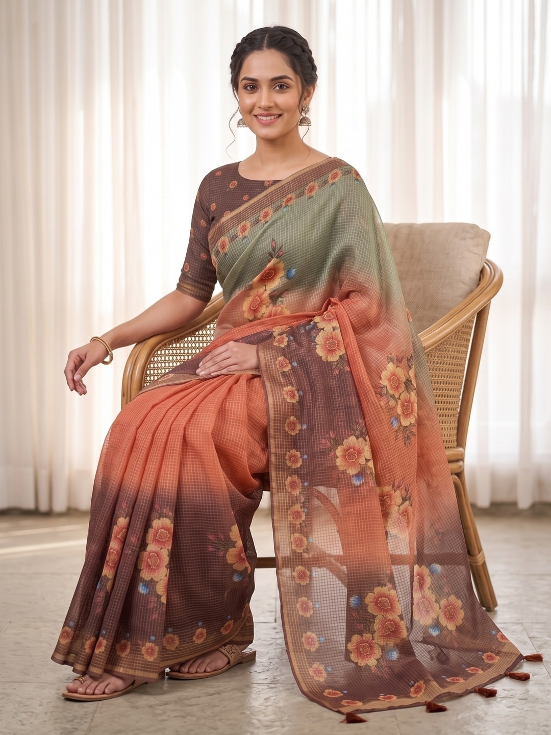 Peachmode Coral Kota Doria Digital Floral Print Zari Check Cotton Saree - Image 5