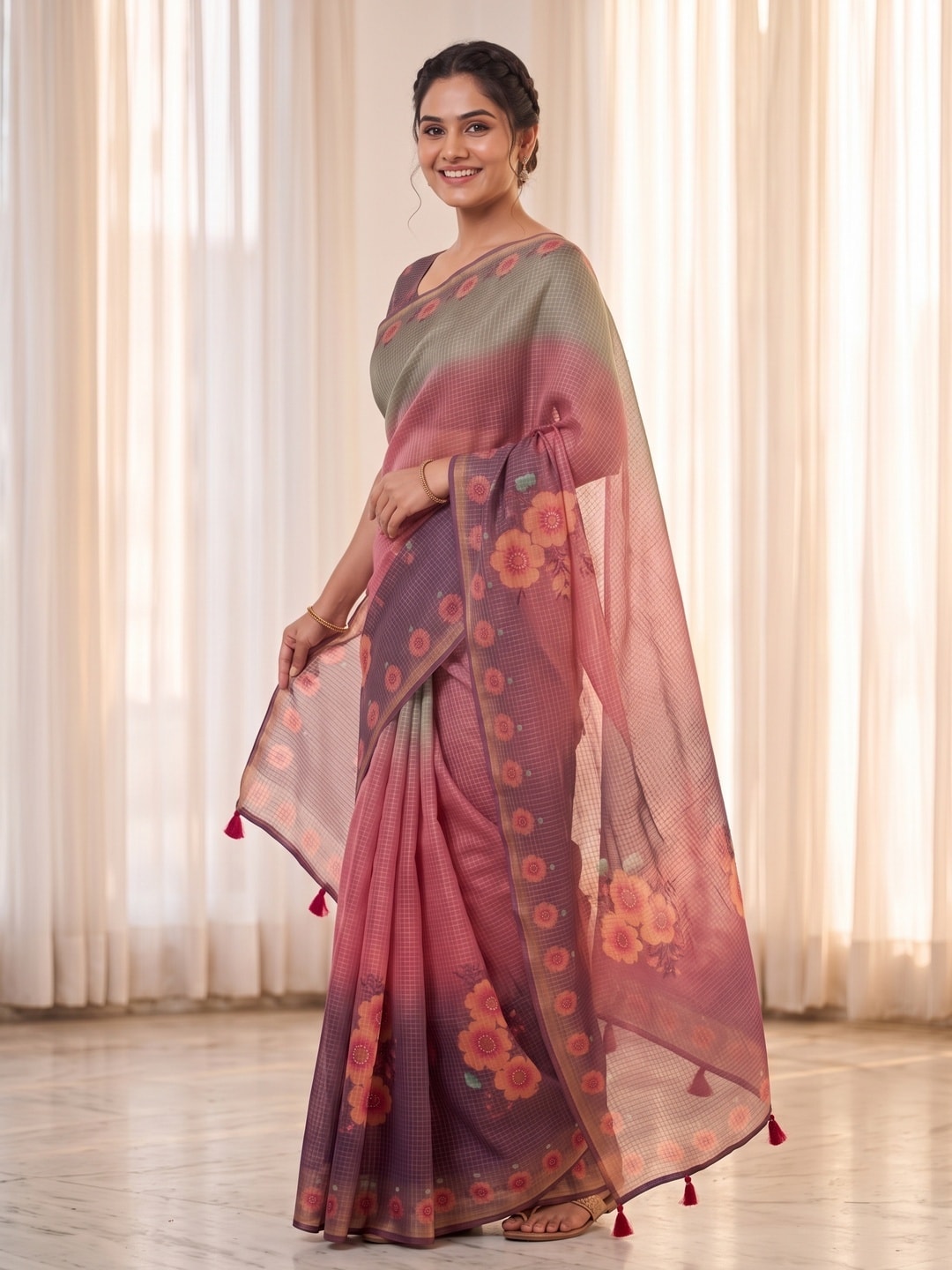Peachmode Pink Kota Doria Digital Floral Print Zari Check Cotton Saree - Image 2