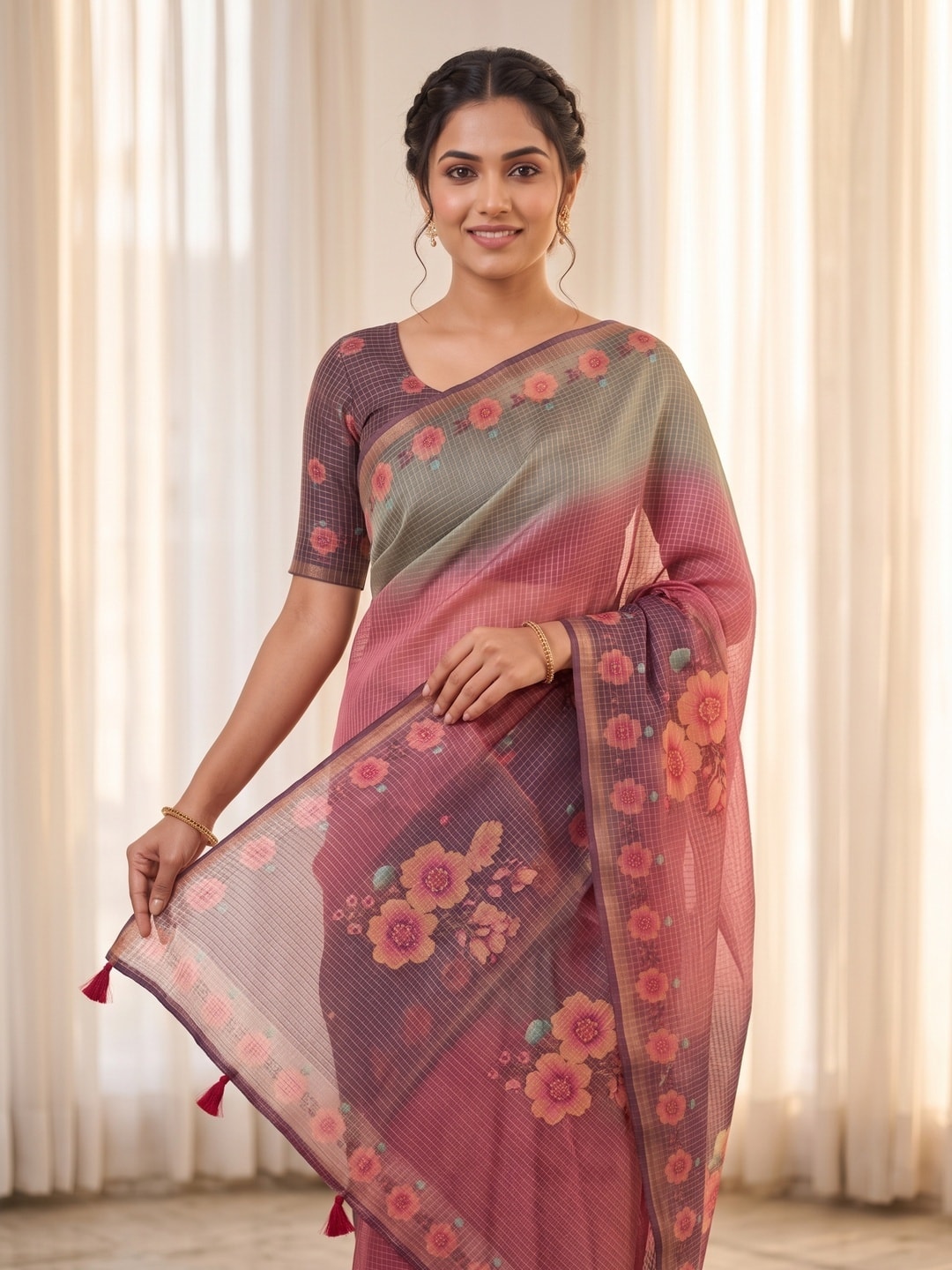 Peachmode Pink Kota Doria Digital Floral Print Zari Check Cotton Saree - Image 3