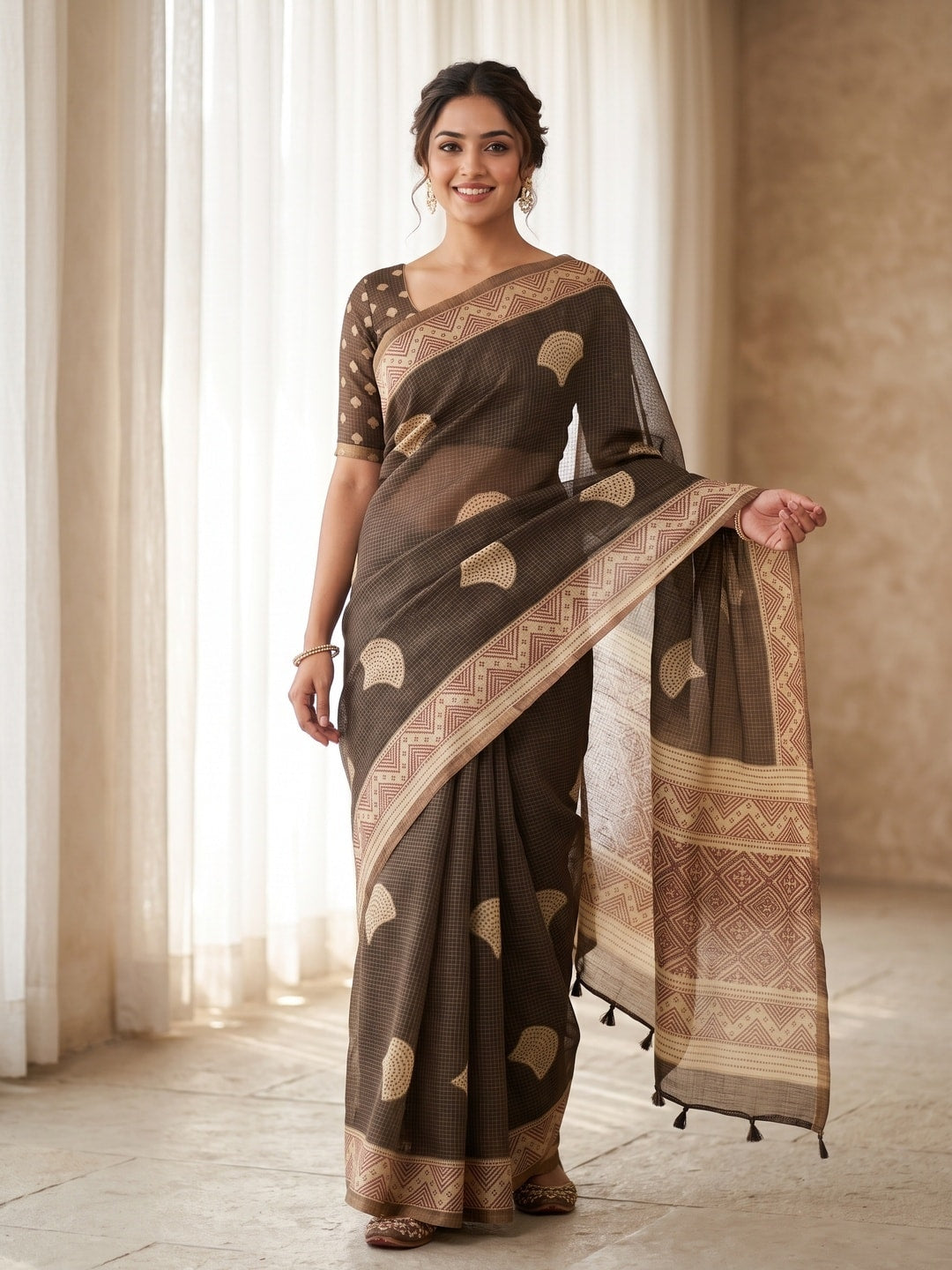 Peachmode Coffee Brown Kota Doria Digital Print Zari Check Cotton Saree With Leaf Motifs - Image 1