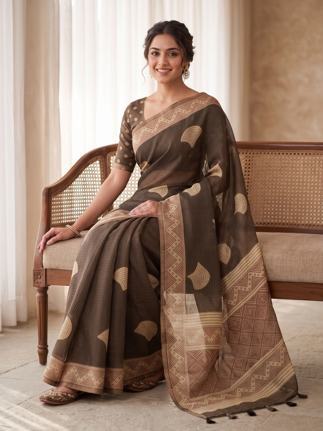 Peachmode Coffee Brown Kota Doria Digital Print Zari Check Cotton Saree With Leaf Motifs - Image 5