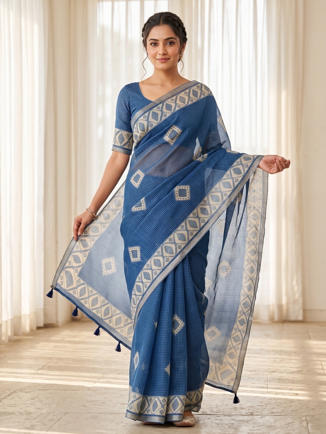 Peachmode Blue Kota Doria Digital Print Zari Check Cotton Saree With Diamond Motifs - Image 1
