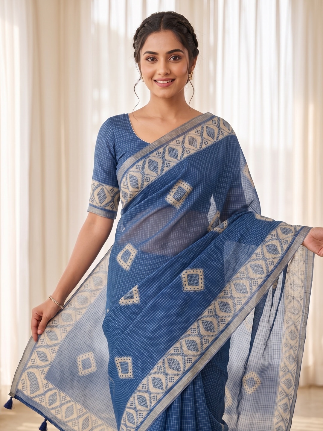 Peachmode Blue Kota Doria Digital Print Zari Check Cotton Saree With Diamond Motifs - Image 3