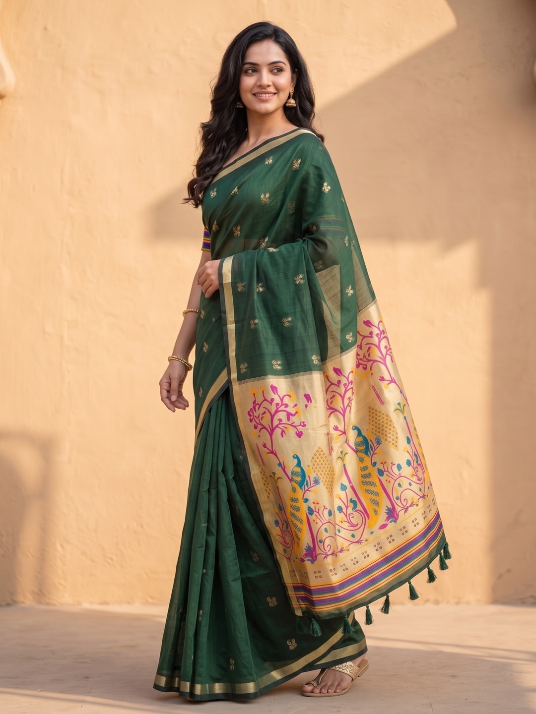Peachmode Bottle Green Jamdani Butta Cotton Saree With Peacock Tree Tissue Pallu And Zari Border - Image 2