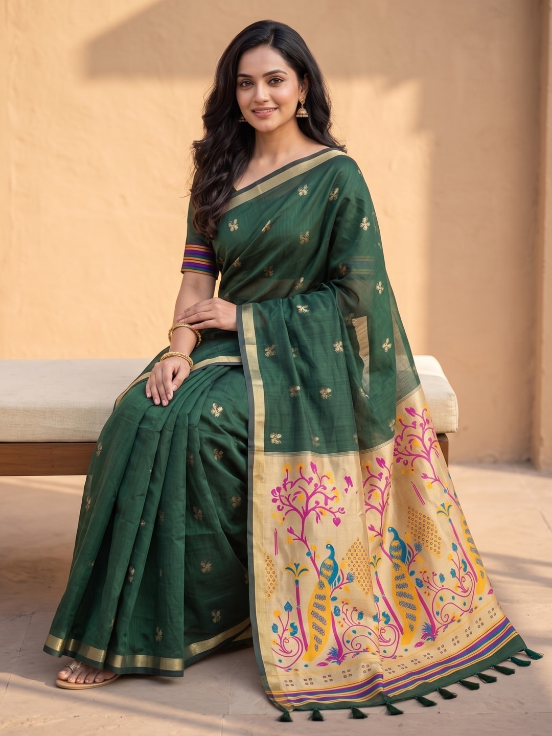 Peachmode Bottle Green Jamdani Butta Cotton Saree With Peacock Tree Tissue Pallu And Zari Border - Image 5