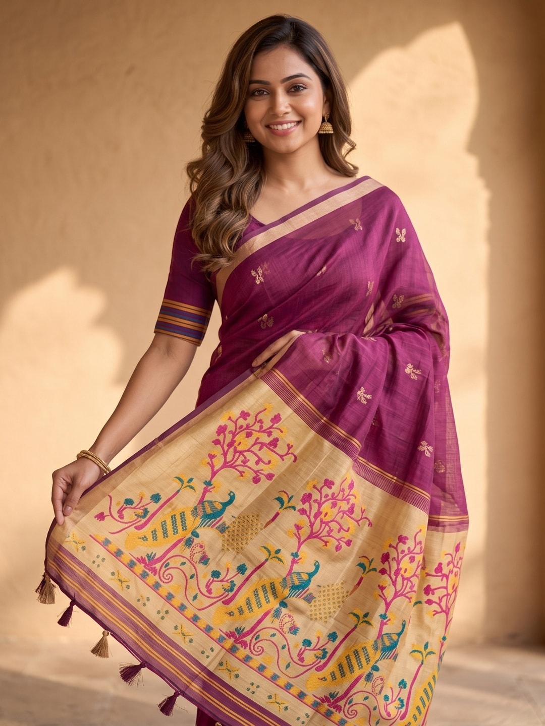 Peachmode Magenta Jamdani Butta Cotton Saree With Peacock Tree Tissue Pallu And Zari Border - Image 3