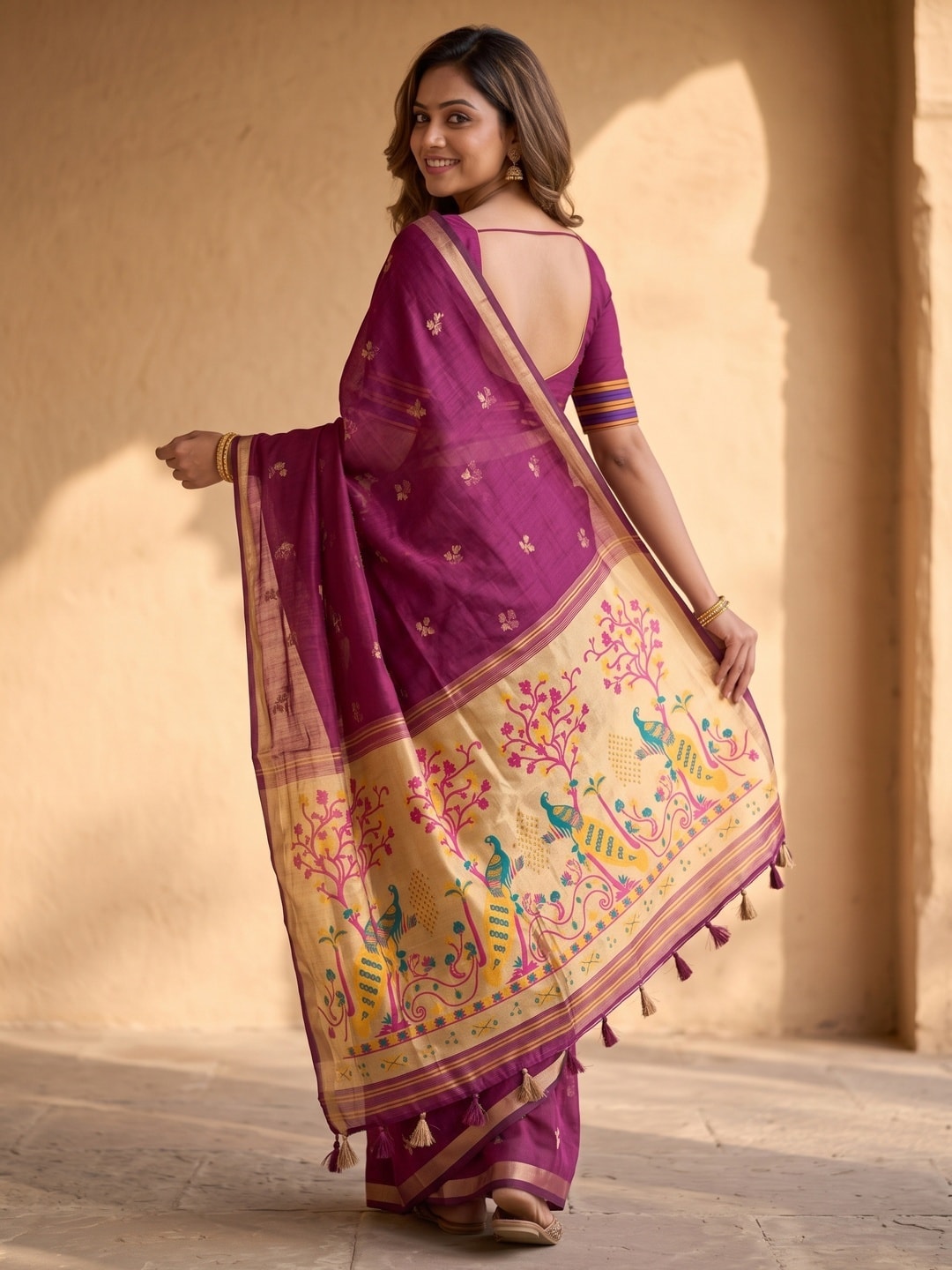 Peachmode Magenta Jamdani Butta Cotton Saree With Peacock Tree Tissue Pallu And Zari Border - Image 4