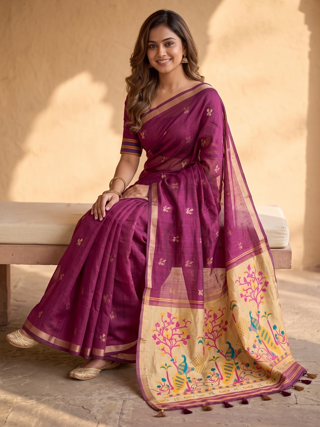 Peachmode Magenta Jamdani Butta Cotton Saree With Peacock Tree Tissue Pallu And Zari Border - Image 5