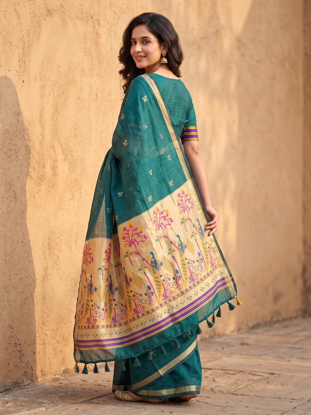 Peachmode Teal Jamdani Butta Cotton Saree With Peacock Tree Tissue Pallu And Zari Border - Image 4