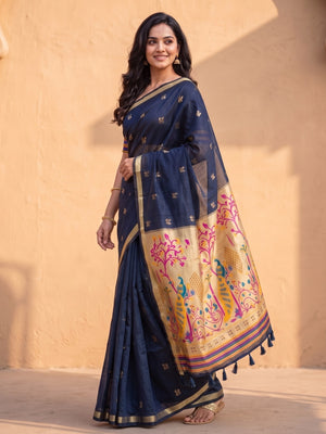 Peachmode Navy Blue Jamdani Butta Cotton Saree With Peacock Tree Tissue Pallu And Zari Border - Image 2