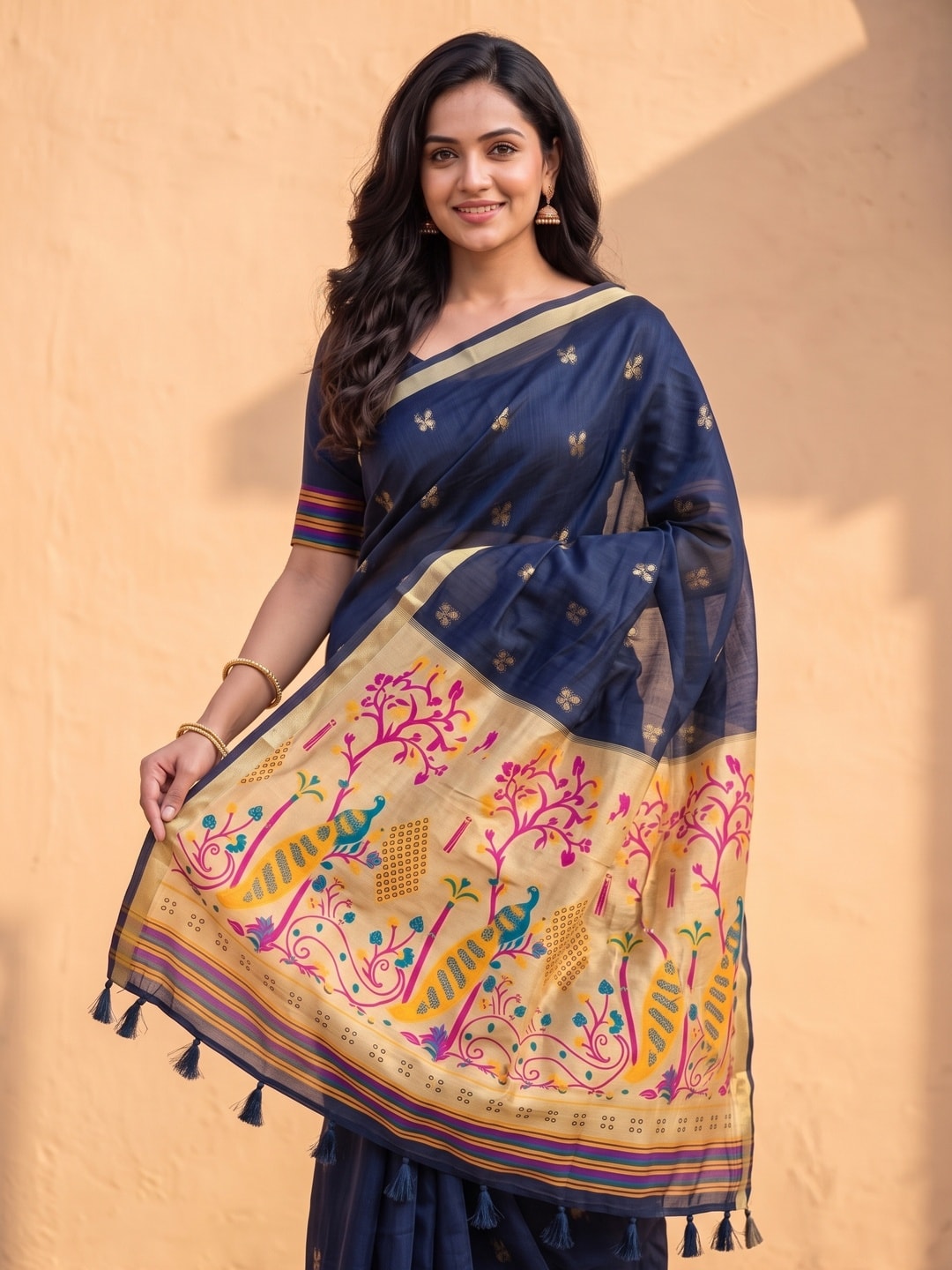 Peachmode Navy Blue Jamdani Butta Cotton Saree With Peacock Tree Tissue Pallu And Zari Border - Image 3