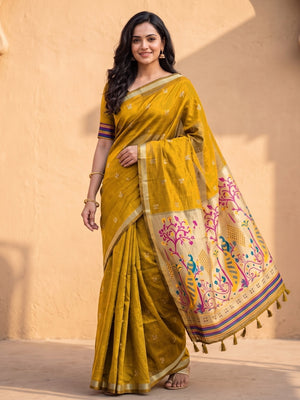Peachmode Mustard Jamdani Butta Cotton Saree With Peacock Tree Tissue Pallu And Zari Border - Image 1