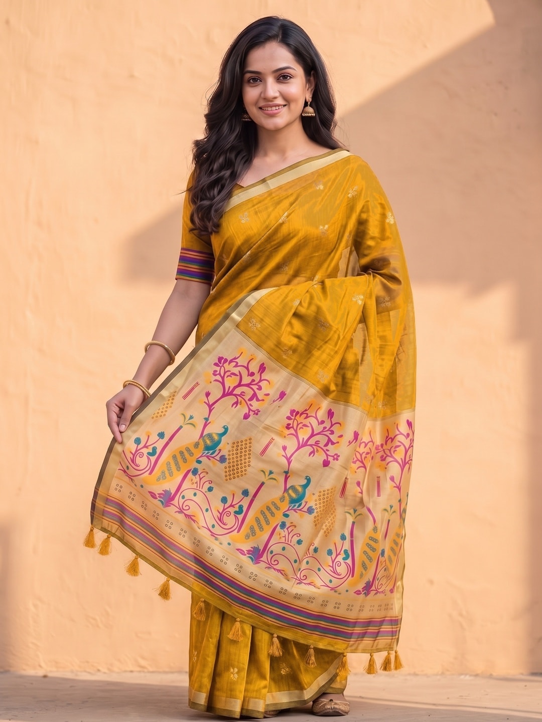 Peachmode Mustard Jamdani Butta Cotton Saree With Peacock Tree Tissue Pallu And Zari Border - Image 3