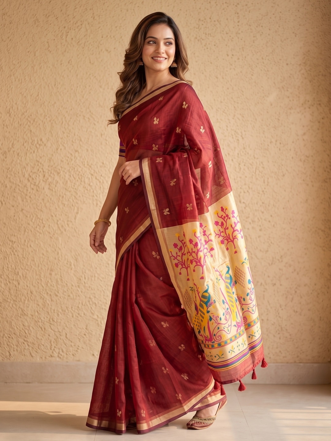 Peachmode Red Jamdani Butta Cotton Saree With Peacock Tree Tissue Pallu And Zari Border - Image 2